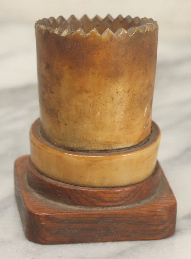 Lot 011 - Antique Folk Art Carved Horn Vessel On Wood Base