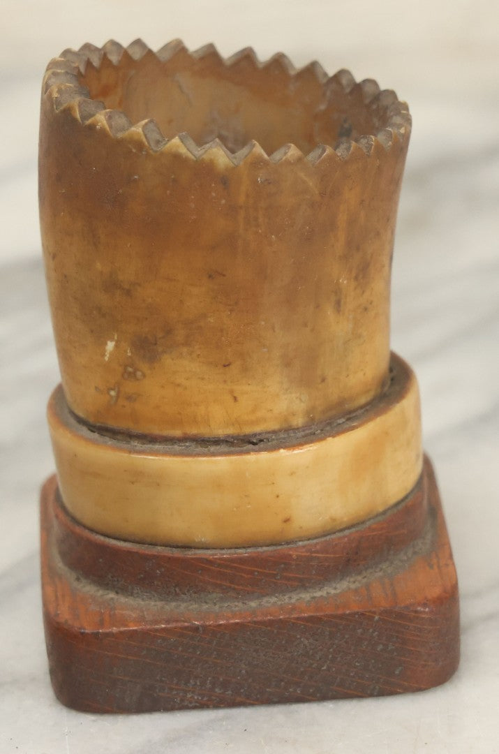 Lot 011 - Antique Folk Art Carved Horn Vessel On Wood Base