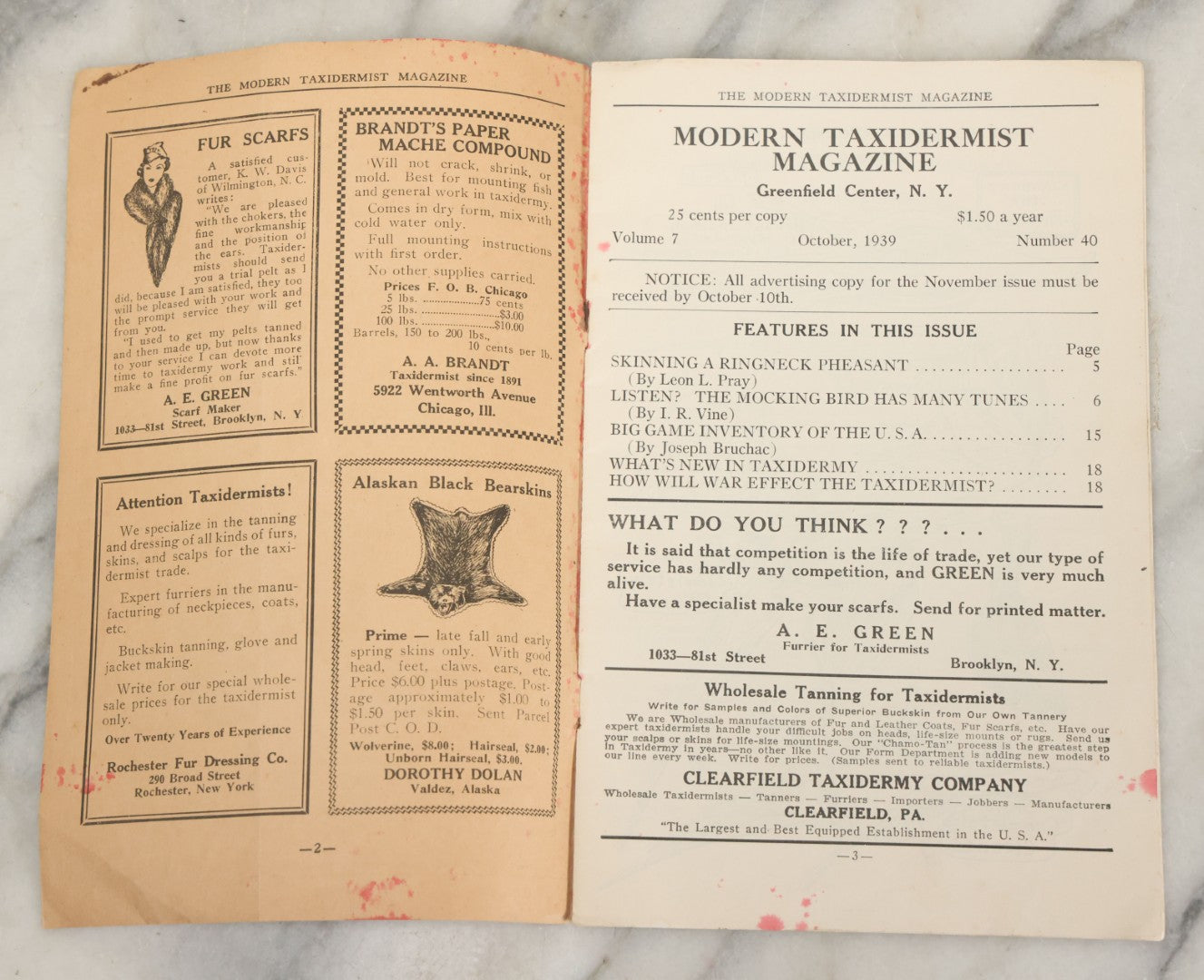 Lot 012 - Vintage "Modern Taxidermist" Magazine Booklet, October 1939, Volume 7, No. 40, Greenfield Center, N.Y.