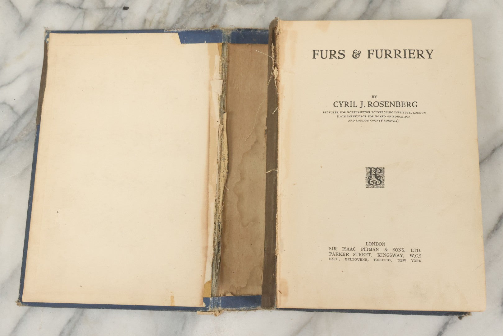 Lot 020 - "Furs & Furriery" Antique Book By Cyril J. Rosenberg, Sir Isaac Pitman & Sons, Ltd., Publishers, London, Note Poor Condition