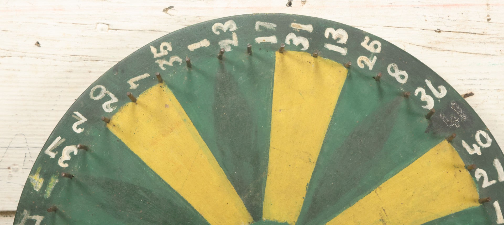 Lot 022 - Vintage Folk Art Carnival Spinning Game Wheel In Yellow, Black, And Green Paint, Hand Painted, As Found, 14-3/4" Diameter