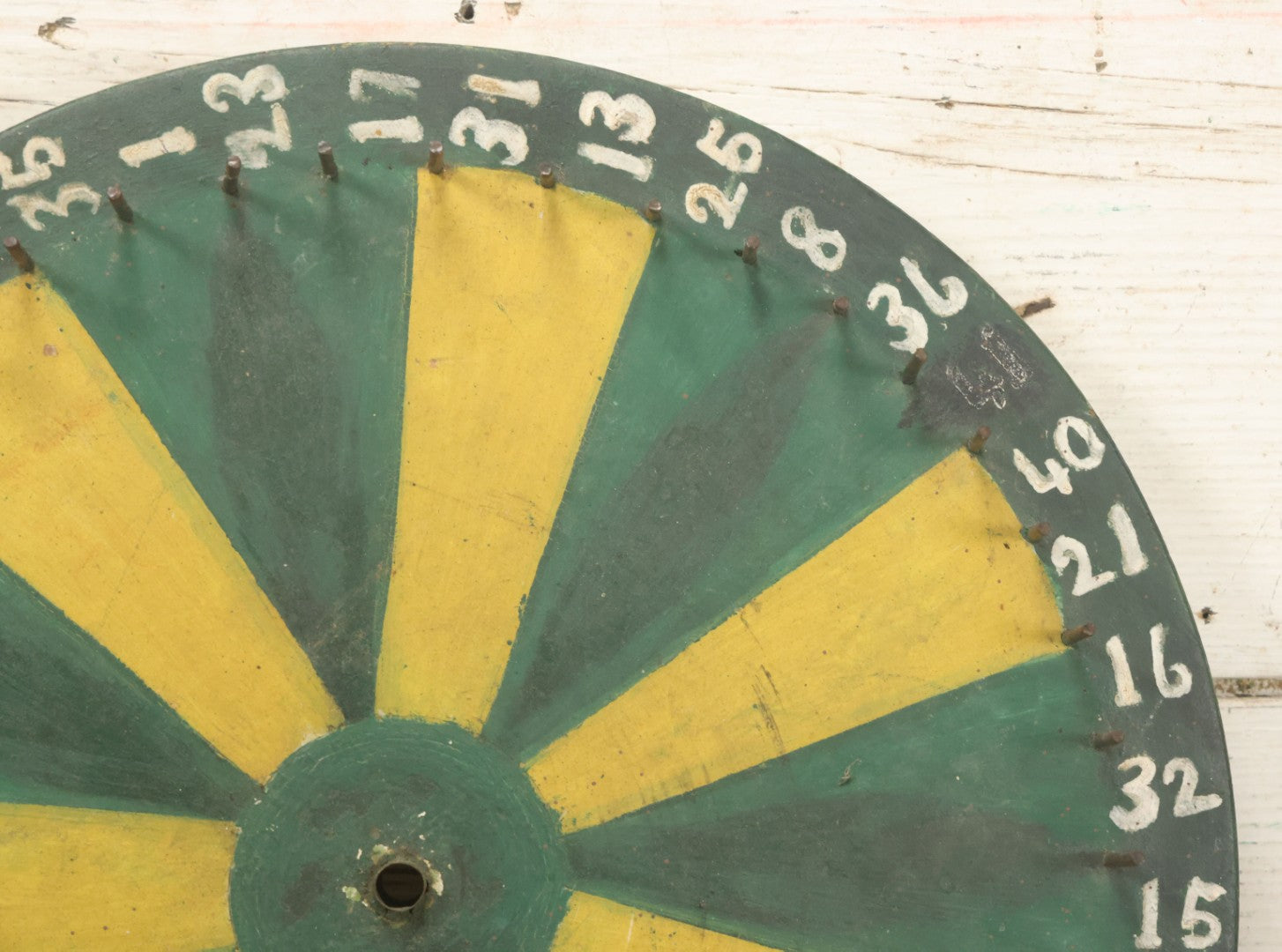 Lot 022 - Vintage Folk Art Carnival Spinning Game Wheel In Yellow, Black, And Green Paint, Hand Painted, As Found, 14-3/4" Diameter