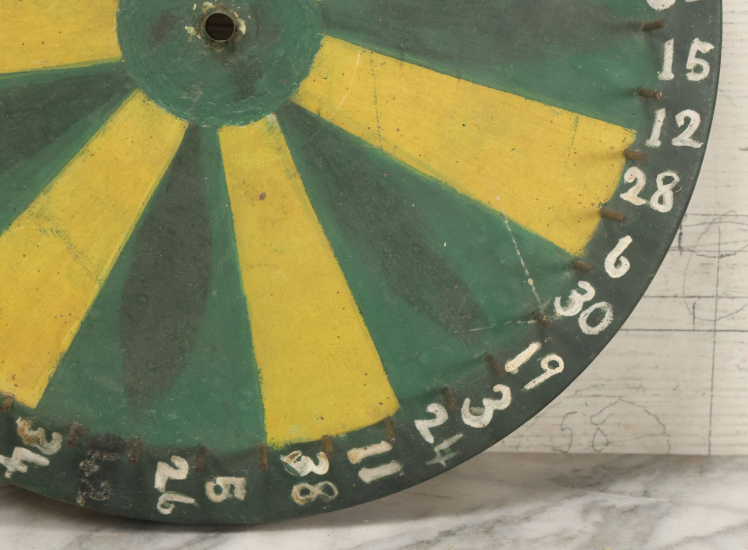 Lot 022 - Vintage Folk Art Carnival Spinning Game Wheel In Yellow, Black, And Green Paint, Hand Painted, As Found, 14-3/4" Diameter