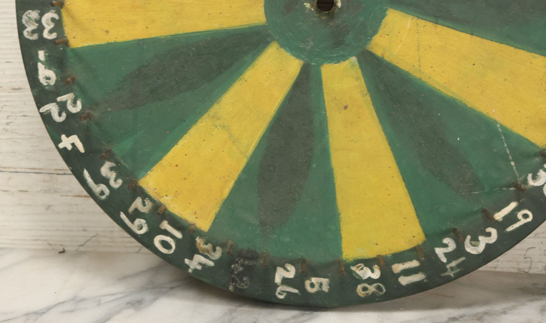 Lot 022 - Vintage Folk Art Carnival Spinning Game Wheel In Yellow, Black, And Green Paint, Hand Painted, As Found, 14-3/4" Diameter