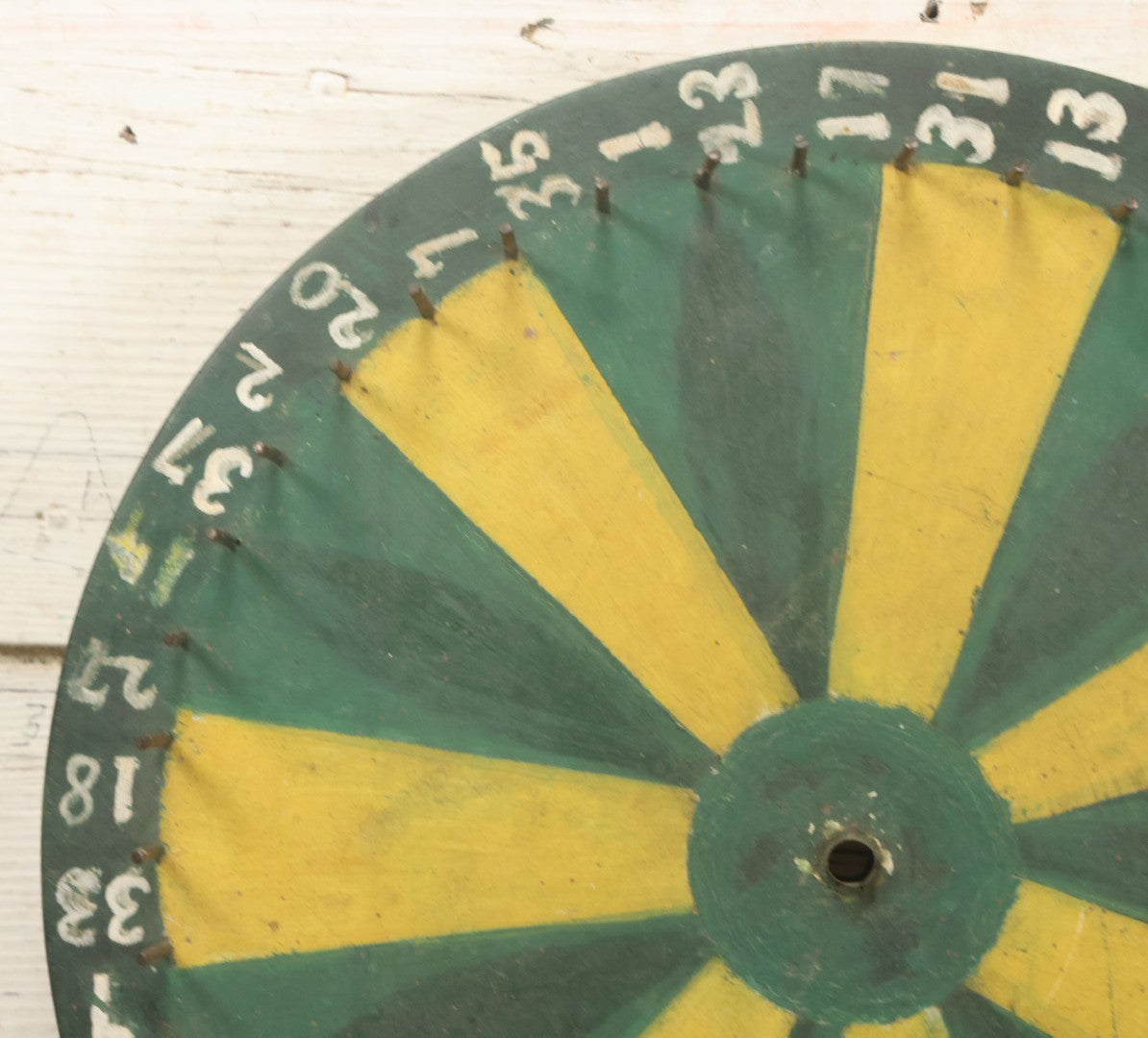 Lot 022 - Vintage Folk Art Carnival Spinning Game Wheel In Yellow, Black, And Green Paint, Hand Painted, As Found, 14-3/4" Diameter