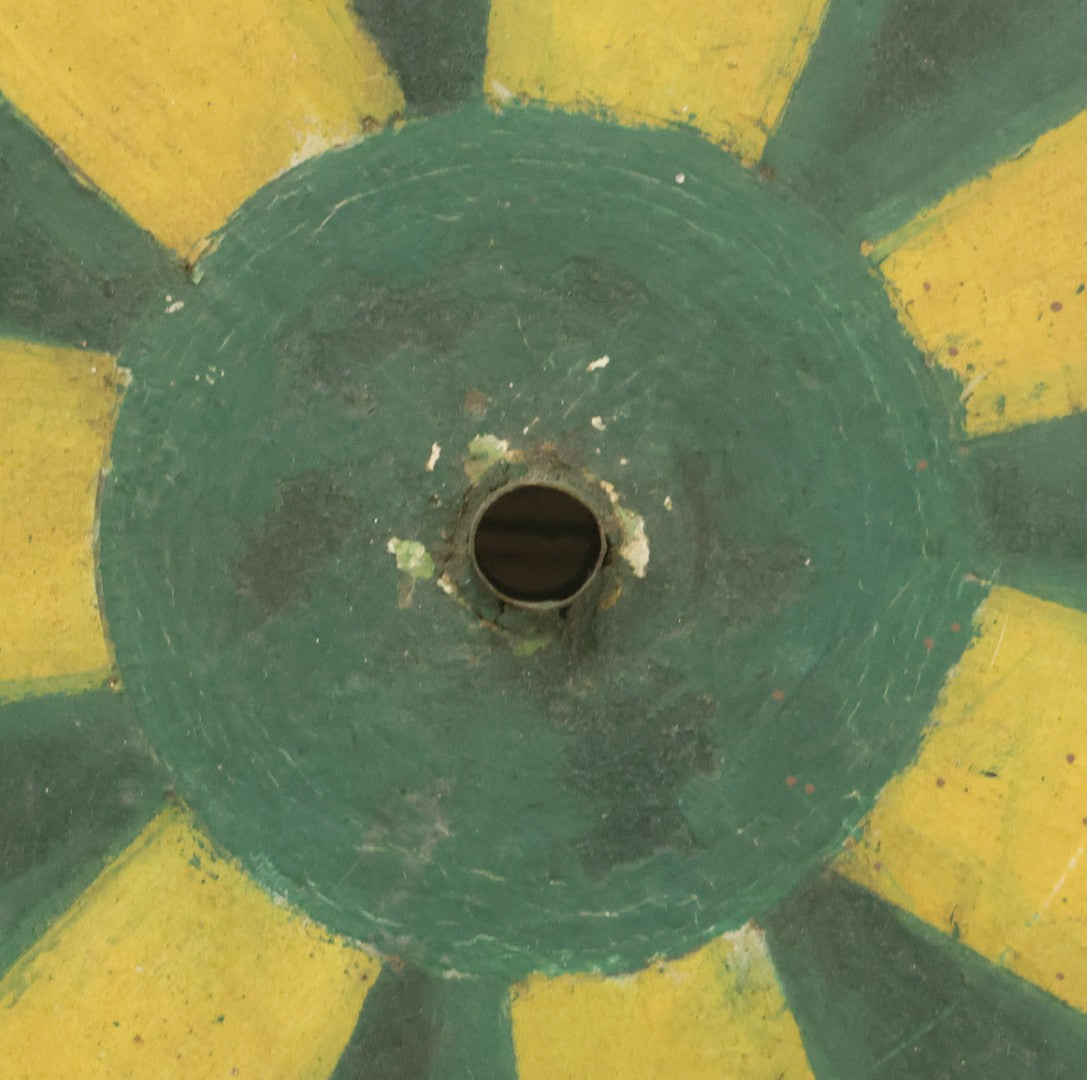 Lot 022 - Vintage Folk Art Carnival Spinning Game Wheel In Yellow, Black, And Green Paint, Hand Painted, As Found, 14-3/4" Diameter