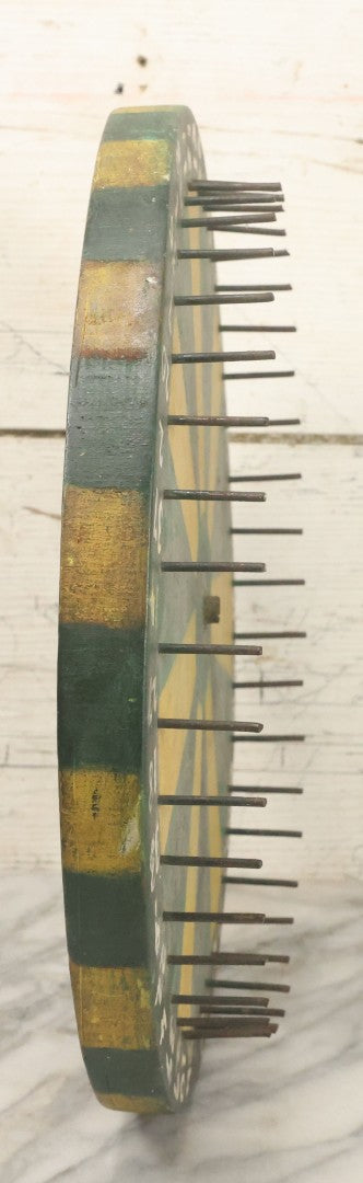 Lot 022 - Vintage Folk Art Carnival Spinning Game Wheel In Yellow, Black, And Green Paint, Hand Painted, As Found, 14-3/4" Diameter