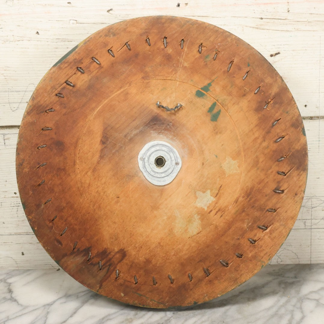 Lot 022 - Vintage Folk Art Carnival Spinning Game Wheel In Yellow, Black, And Green Paint, Hand Painted, As Found, 14-3/4" Diameter