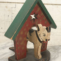 Lot 023 - Vintage Folk Art Boston Terrier Hand Painted, Hand Cut Wooden Door Stop With Red House, Green Roof, Star Cutout