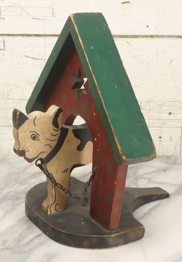 Lot 023 - Vintage Folk Art Boston Terrier Hand Painted, Hand Cut Wooden Door Stop With Red House, Green Roof, Star Cutout