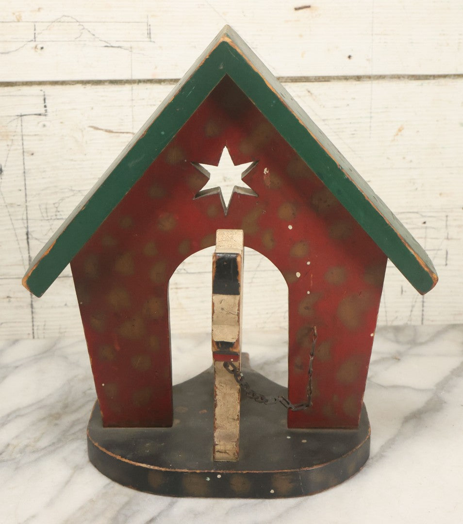 Lot 023 - Vintage Folk Art Boston Terrier Hand Painted, Hand Cut Wooden Door Stop With Red House, Green Roof, Star Cutout