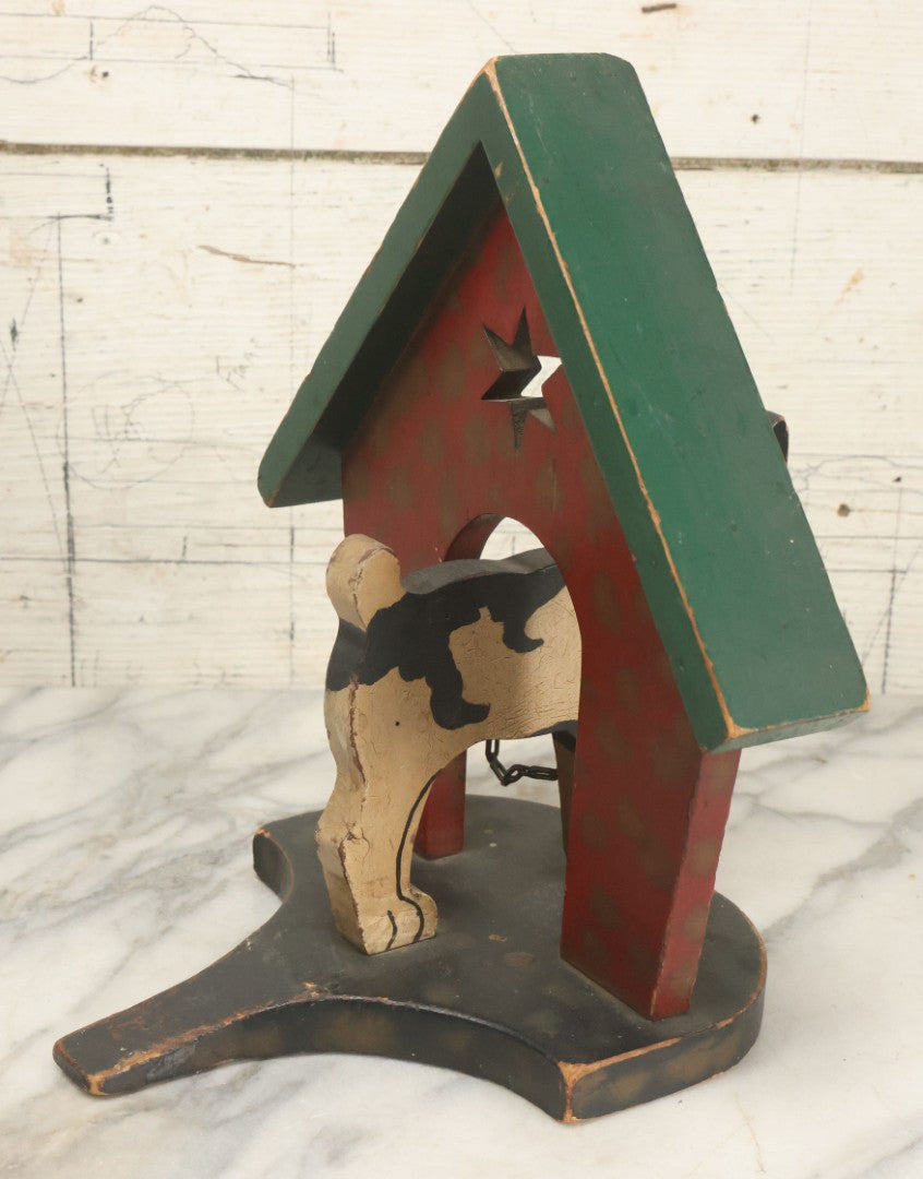 Lot 023 - Vintage Folk Art Boston Terrier Hand Painted, Hand Cut Wooden Door Stop With Red House, Green Roof, Star Cutout
