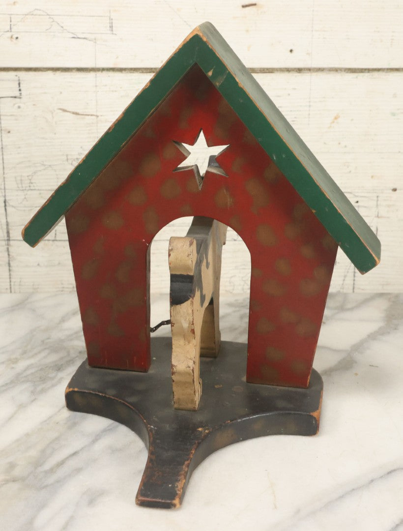 Lot 023 - Vintage Folk Art Boston Terrier Hand Painted, Hand Cut Wooden Door Stop With Red House, Green Roof, Star Cutout
