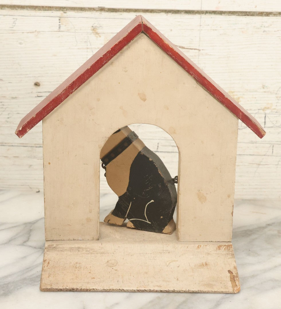 Lot 024 - Vintage Folk Art Boston Terrier Hand Painted, Hand Cut Wooden Door Stop With White House, Red Roof, Dog With Two Puppies