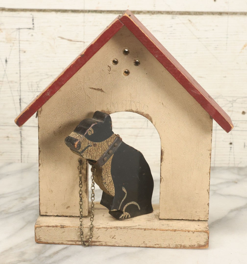 Lot 025 - Vintage Folk Art Boston Terrier Hand Painted, Hand Cut Wooden Door Stop With White House, Red Roof, Single Dog With Collar And Chain, Note Damaged Foot