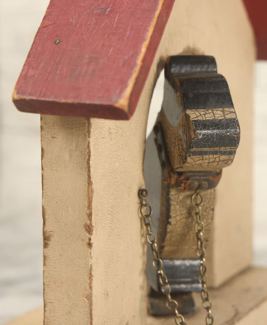 Lot 025 - Vintage Folk Art Boston Terrier Hand Painted, Hand Cut Wooden Door Stop With White House, Red Roof, Single Dog With Collar And Chain, Note Damaged Foot
