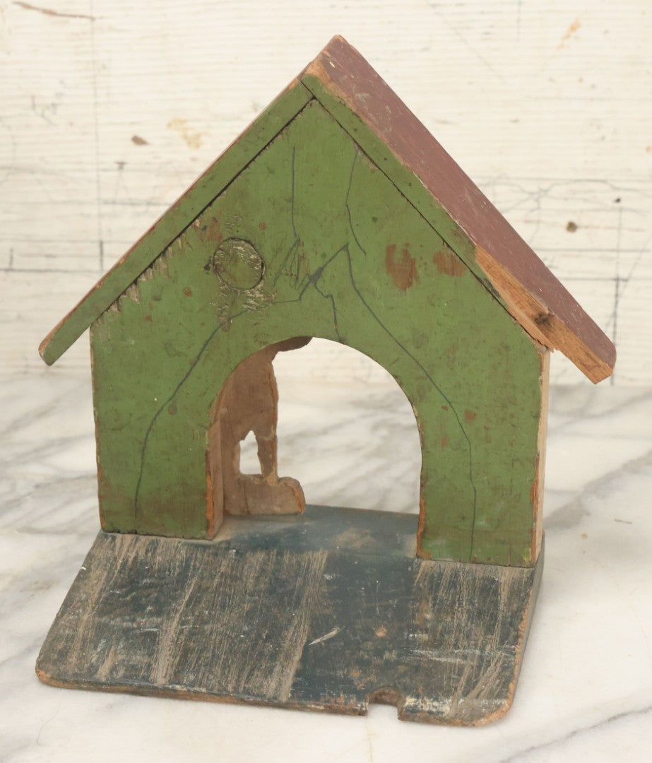 Lot 026 - Vintage Folk Art Spotty Dog Hand Painted, Hand Cut Wooden Door Stop With White House, Red Roof, Note Damage To Roof