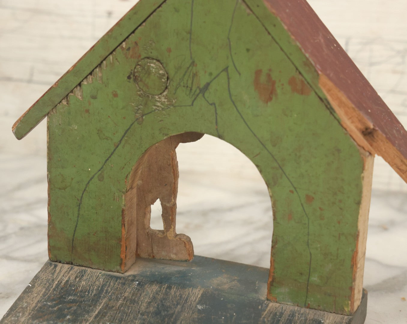 Lot 026 - Vintage Folk Art Spotty Dog Hand Painted, Hand Cut Wooden Door Stop With White House, Red Roof, Note Damage To Roof