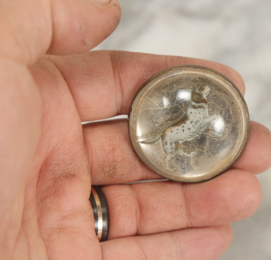 Lot 029 - Pair Of Antique Reverse Painted Glass Knobs With Hunting Dog Paintings, Screw Backs