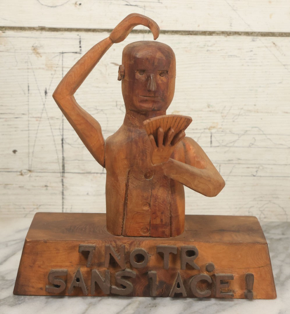 Lot 031 - Vintage Folk Art Hand Carved Wooden Card Playing Figure, "7 No Trump Sans 1 Ace" Bridge Hand Gamble