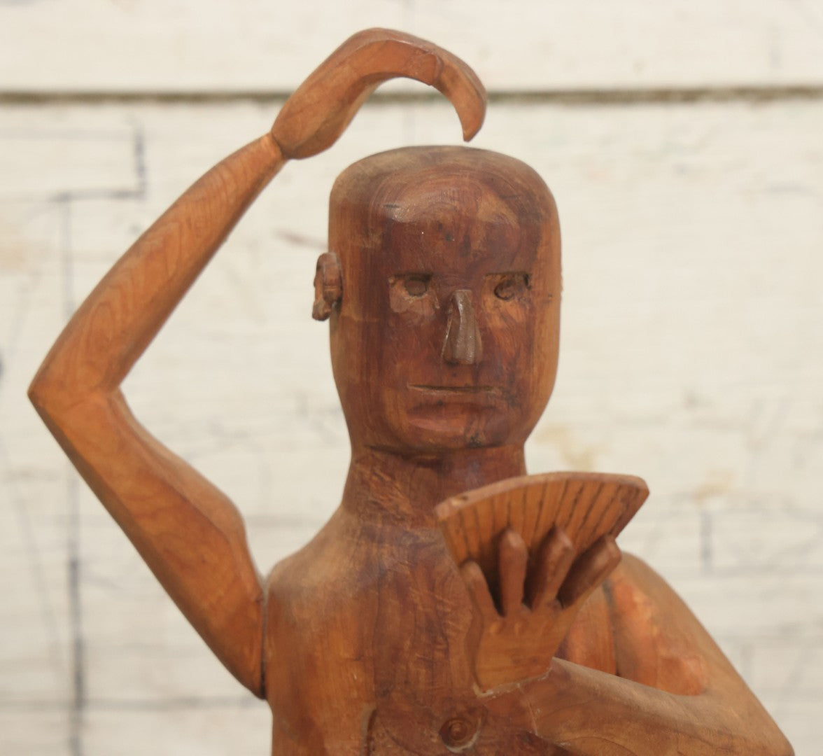 Lot 031 - Vintage Folk Art Hand Carved Wooden Card Playing Figure, "7 No Trump Sans 1 Ace" Bridge Hand Gamble