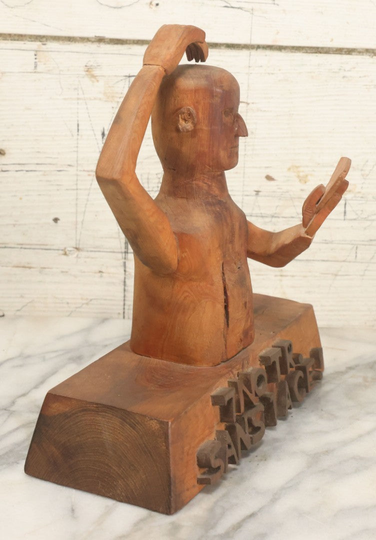 Lot 031 - Vintage Folk Art Hand Carved Wooden Card Playing Figure, "7 No Trump Sans 1 Ace" Bridge Hand Gamble