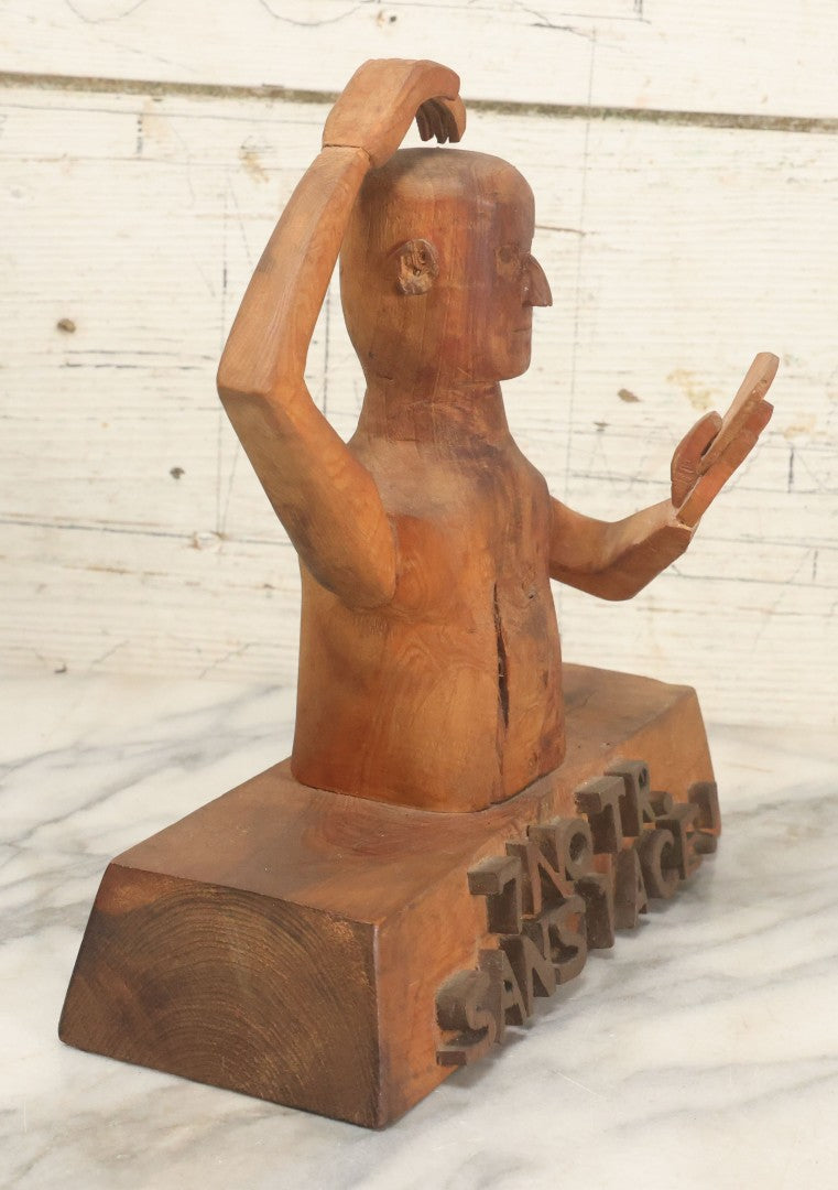 Lot 031 - Vintage Folk Art Hand Carved Wooden Card Playing Figure, "7 No Trump Sans 1 Ace" Bridge Hand Gamble