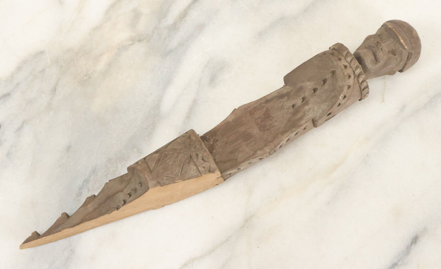 Lot 032 - Vintage Folk Art Hand Carved Wooden Fragment With Man In Cap, Possibly From A Piece Of Furniture, Walking Stick