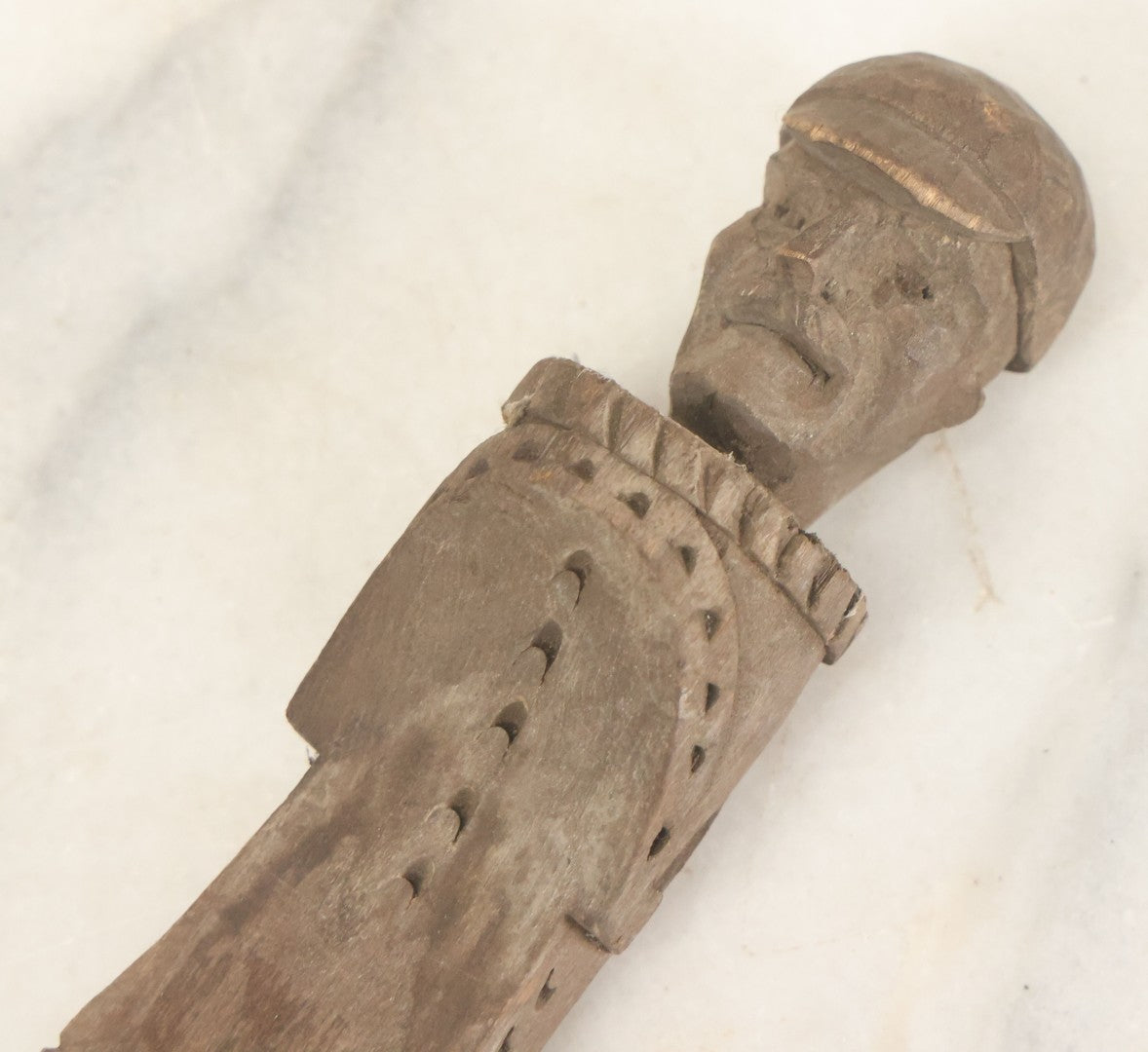 Lot 032 - Vintage Folk Art Hand Carved Wooden Fragment With Man In Cap, Possibly From A Piece Of Furniture, Walking Stick