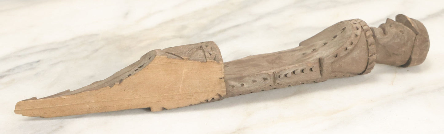 Lot 032 - Vintage Folk Art Hand Carved Wooden Fragment With Man In Cap, Possibly From A Piece Of Furniture, Walking Stick