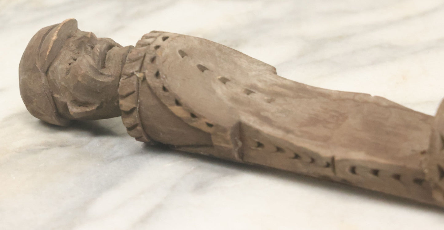 Lot 032 - Vintage Folk Art Hand Carved Wooden Fragment With Man In Cap, Possibly From A Piece Of Furniture, Walking Stick