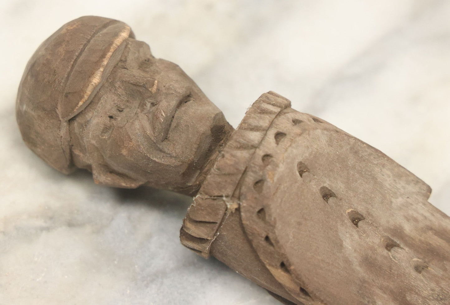 Lot 032 - Vintage Folk Art Hand Carved Wooden Fragment With Man In Cap, Possibly From A Piece Of Furniture, Walking Stick