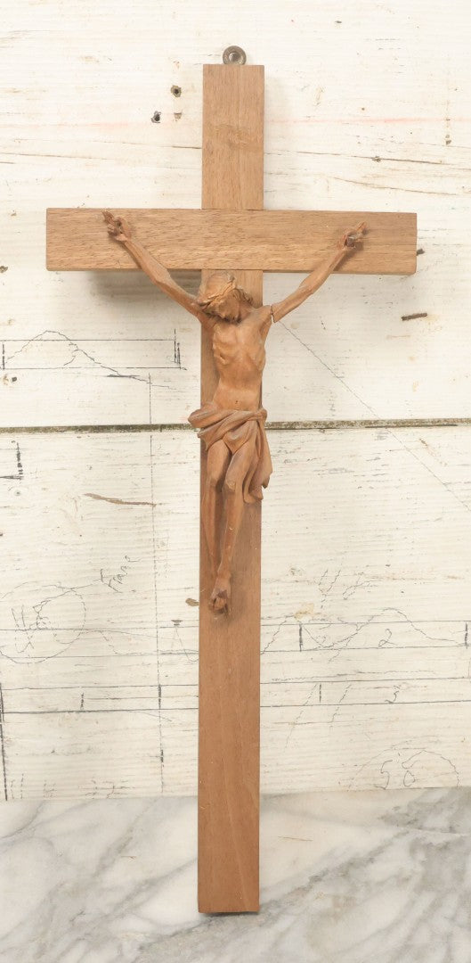 Lot 033 - Vintage Folk Art Hand Carved Wooden Crucifix With Jesus, Missing I.N.R.I. Banner