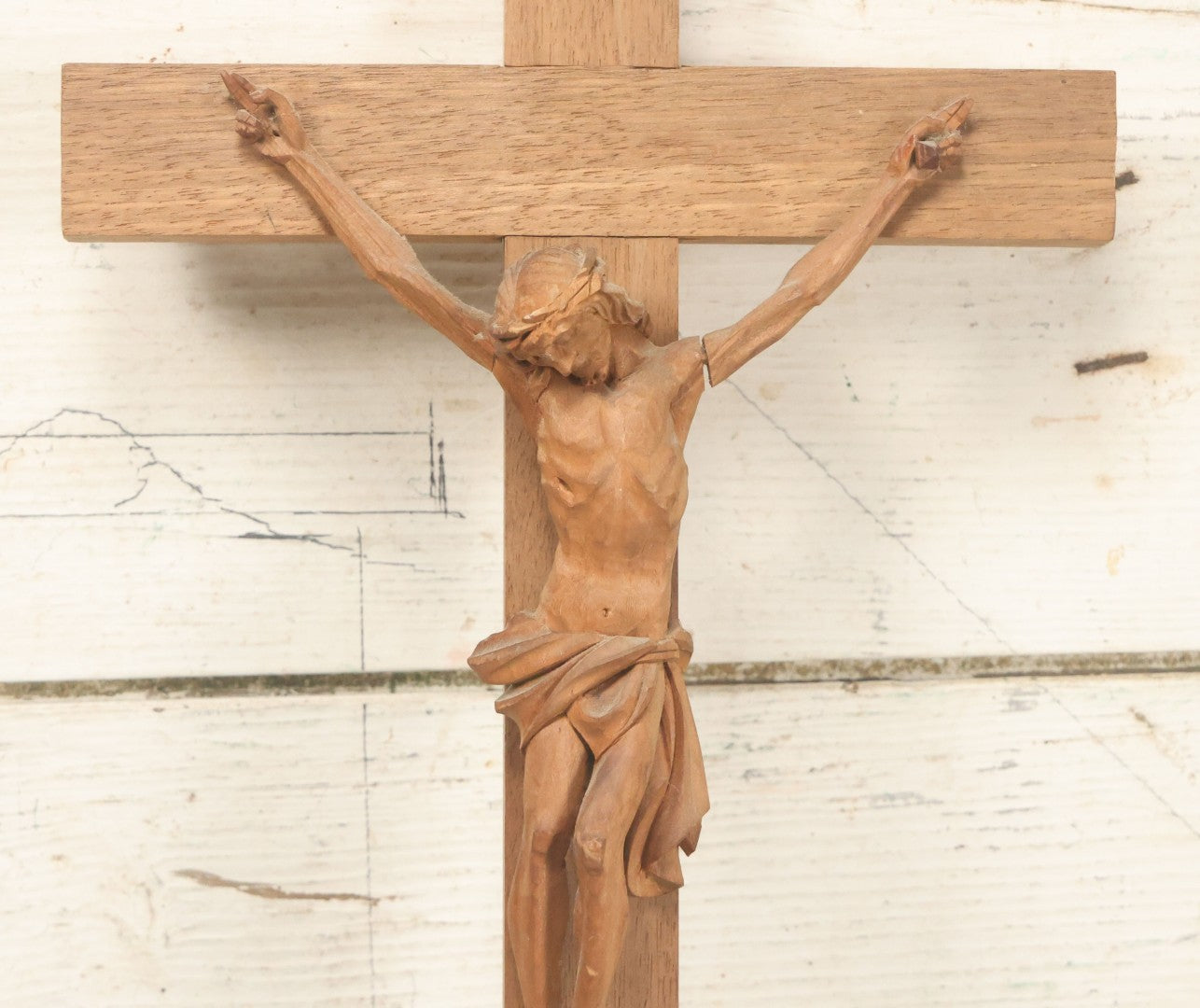 Lot 033 - Vintage Folk Art Hand Carved Wooden Crucifix With Jesus, Missing I.N.R.I. Banner