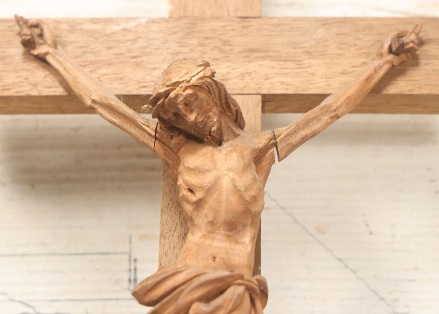 Lot 033 - Vintage Folk Art Hand Carved Wooden Crucifix With Jesus, Missing I.N.R.I. Banner