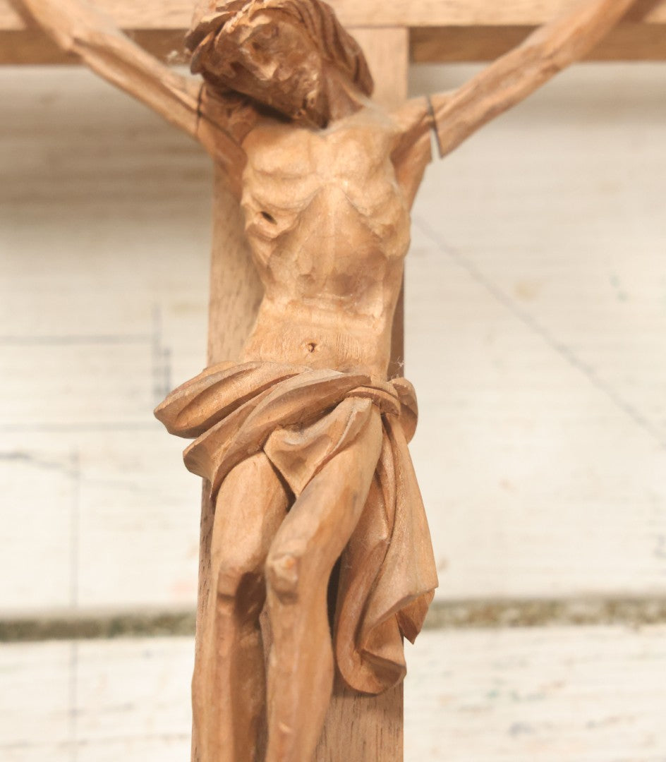 Lot 033 - Vintage Folk Art Hand Carved Wooden Crucifix With Jesus, Missing I.N.R.I. Banner