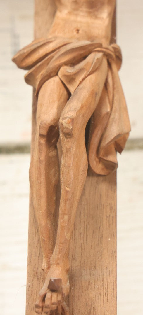 Lot 033 - Vintage Folk Art Hand Carved Wooden Crucifix With Jesus, Missing I.N.R.I. Banner