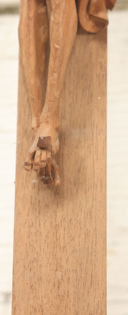 Lot 033 - Vintage Folk Art Hand Carved Wooden Crucifix With Jesus, Missing I.N.R.I. Banner