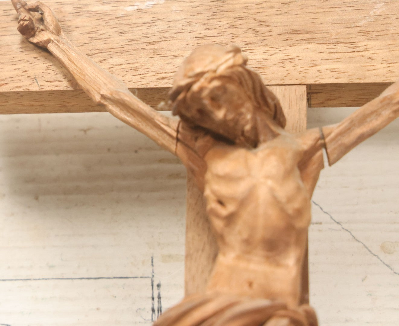 Lot 033 - Vintage Folk Art Hand Carved Wooden Crucifix With Jesus, Missing I.N.R.I. Banner