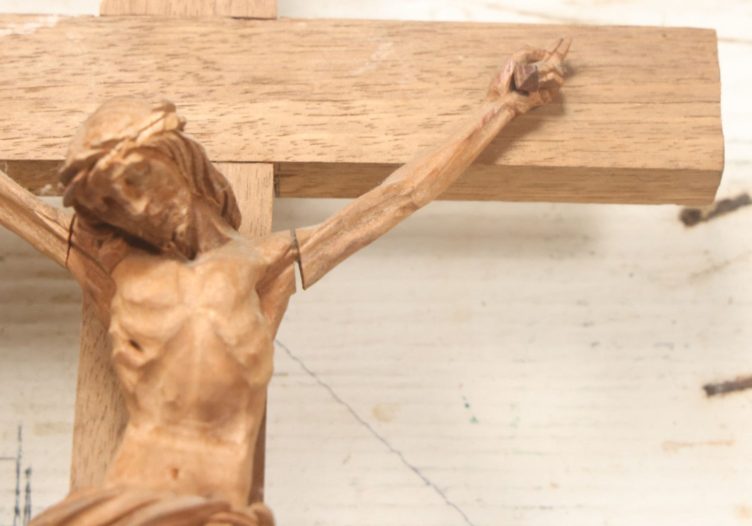 Lot 033 - Vintage Folk Art Hand Carved Wooden Crucifix With Jesus, Missing I.N.R.I. Banner