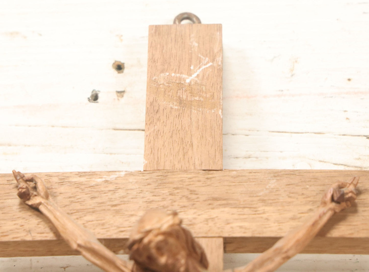 Lot 033 - Vintage Folk Art Hand Carved Wooden Crucifix With Jesus, Missing I.N.R.I. Banner