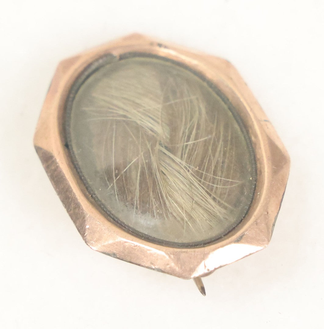 Lot 034 - Antique Victorian Woven Hair Work Memento Brooch With Blond Hair, Pin Back, Gold Toned Metal