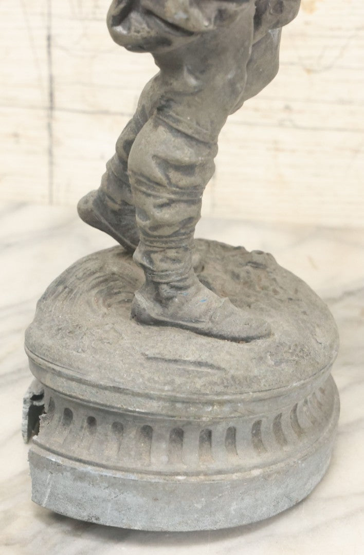 Lot 035 - Antique Spelter Metal Soldier Statue, Wearing Armor And Helmet, Note Missing Arm, Damaged / Warped Based, Overall Poor Condition, 16-1/2" Height