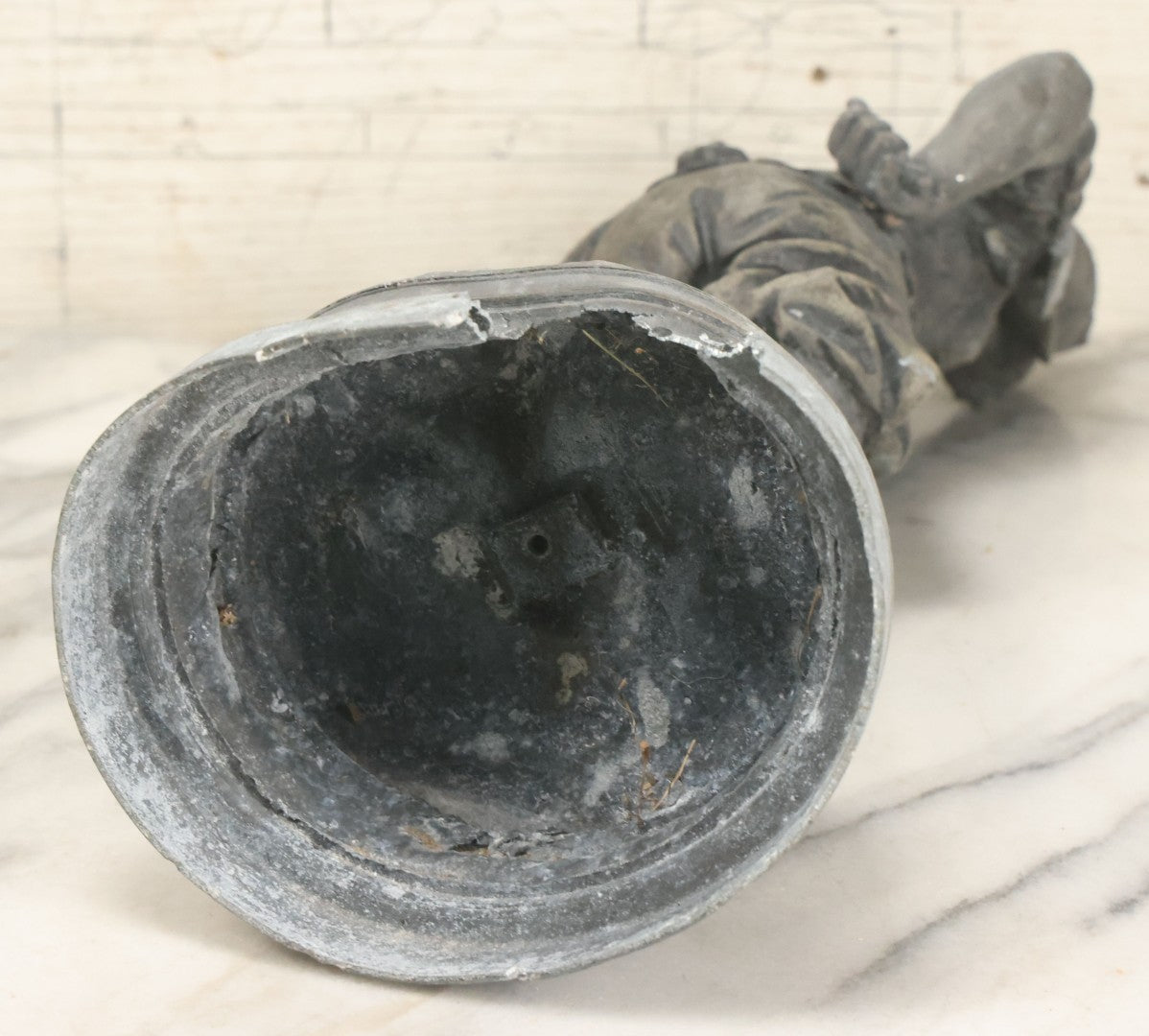 Lot 035 - Antique Spelter Metal Soldier Statue, Wearing Armor And Helmet, Note Missing Arm, Damaged / Warped Based, Overall Poor Condition, 16-1/2" Height