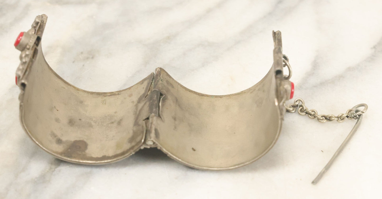 Lot 038 - Pair Of Ornate Middle Eastern Metal Cuff Bracelets, One With Red Beads