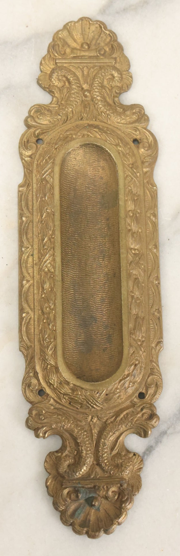 Lot 039 - Vintage Solid Brass Pocket Door Pull With Dolphin Motif, Ornate Design