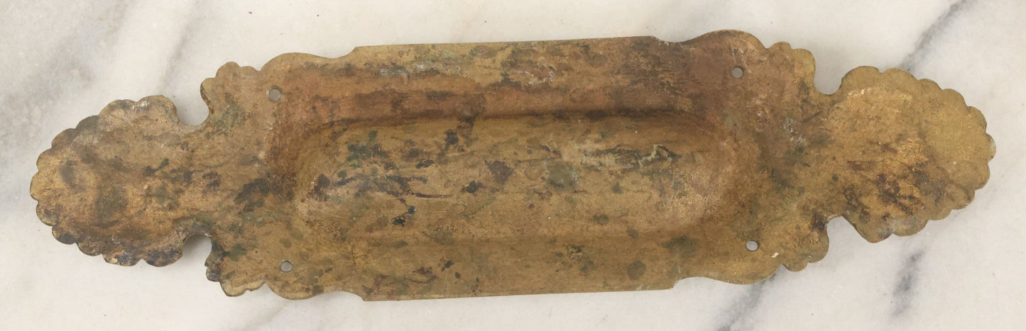 Lot 039 - Vintage Solid Brass Pocket Door Pull With Dolphin Motif, Ornate Design