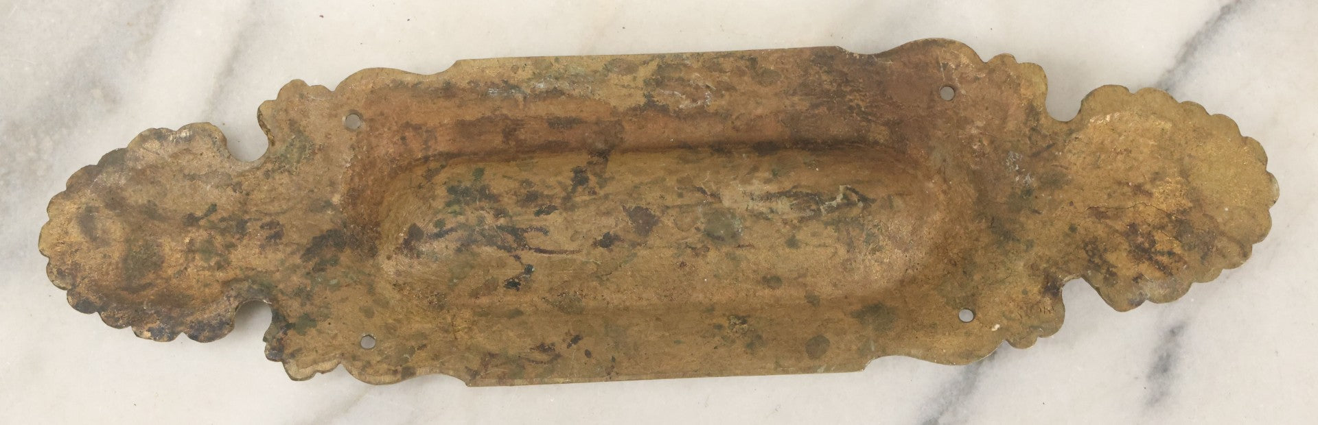 Lot 039 - Vintage Solid Brass Pocket Door Pull With Dolphin Motif, Ornate Design