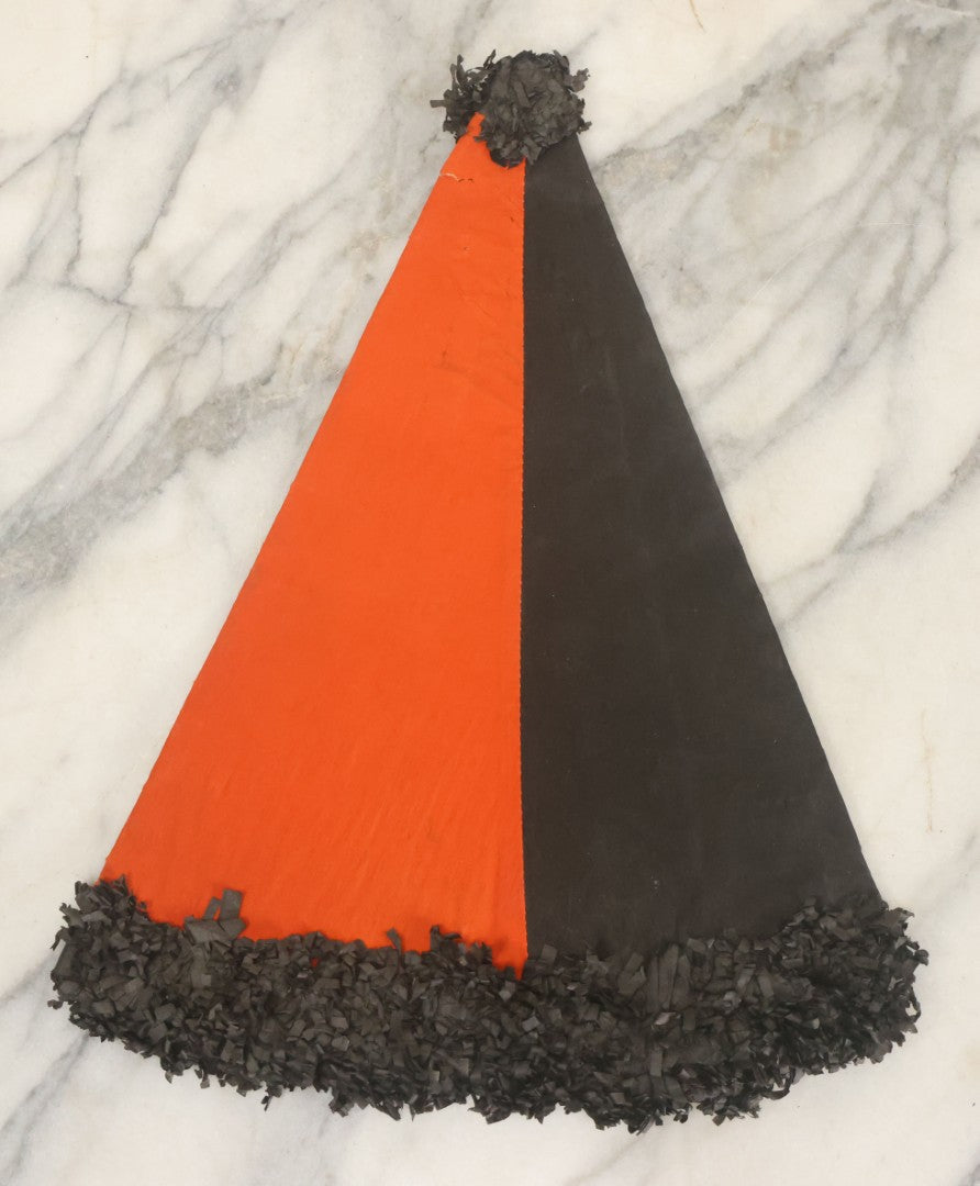 Lot 041 - Vintage Crepe Paper Halloween Hat With Black And Orange Pepper, Fringe, Note Damage