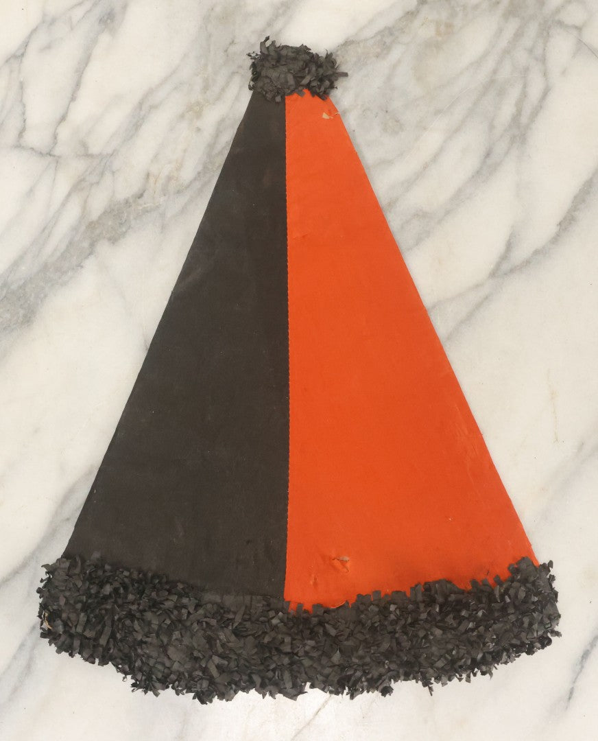 Lot 041 - Vintage Crepe Paper Halloween Hat With Black And Orange Pepper, Fringe, Note Damage